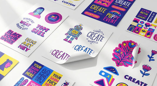 A flat lay of colorful custom sticker sheets arranged side by side on a white surface with some stickers peeled back to show their glossy finish.