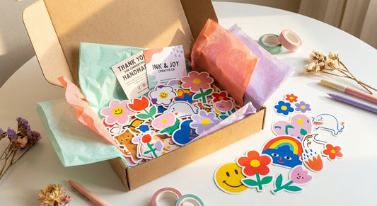 An open shipping box surrounded by colorful custom stickers and packaging inserts arranged in a styled flat lay on a white surface.